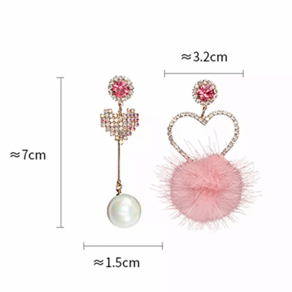 Pink Fur Crystals Asymmetrical Dangle Earrings - Picture 4 of 5